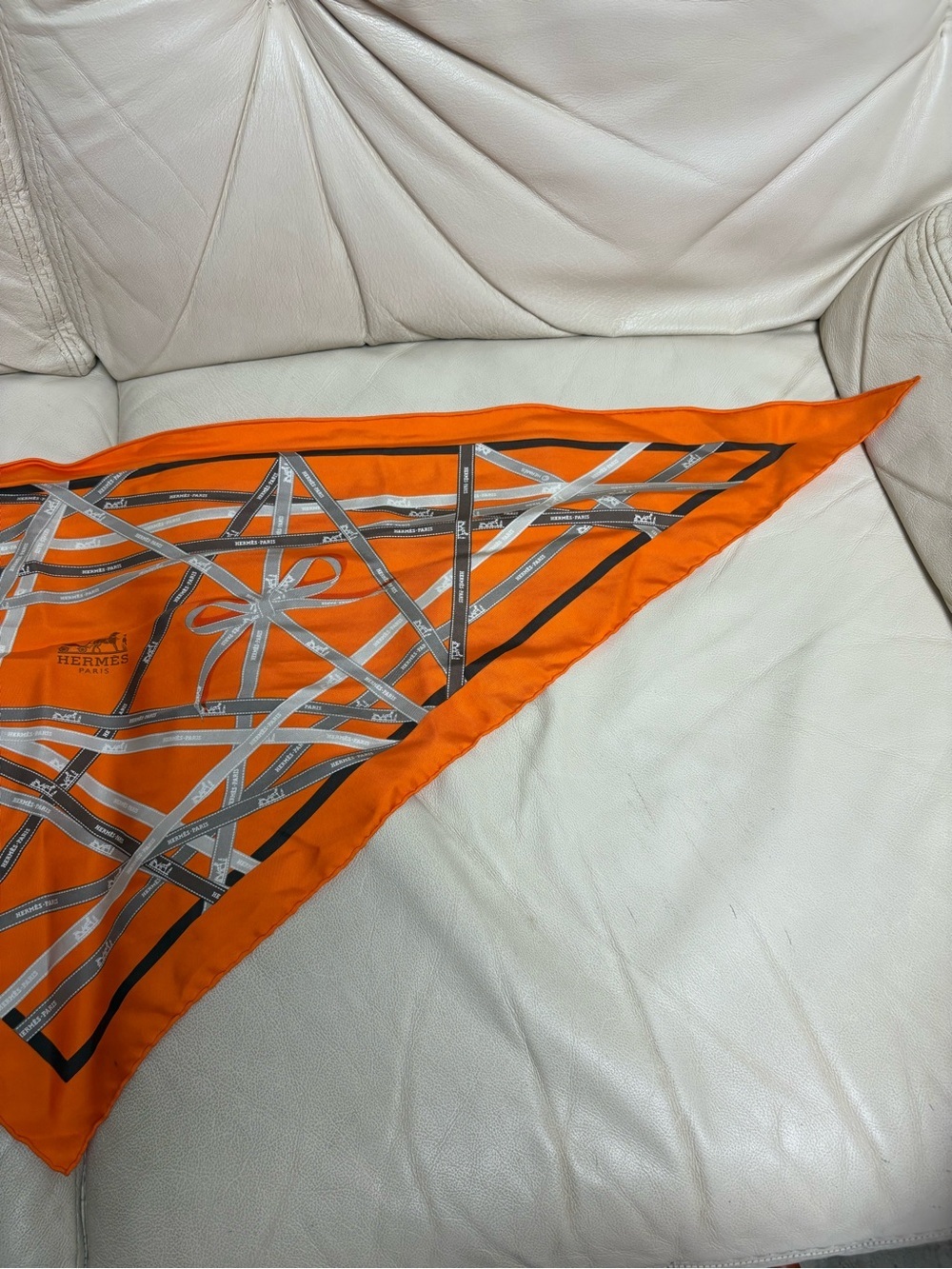 VTG HERMES Bolduc Triangle Silk Scarf Orange Brown White Gray Ribbon - Picture 3 of 15